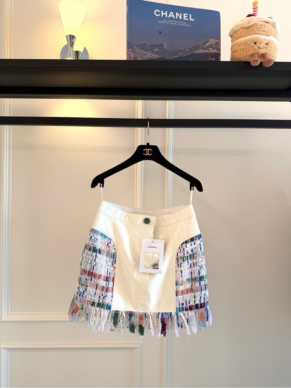 CHANEL Cream Patent Mini Skirt with Tweed Fringe Accents